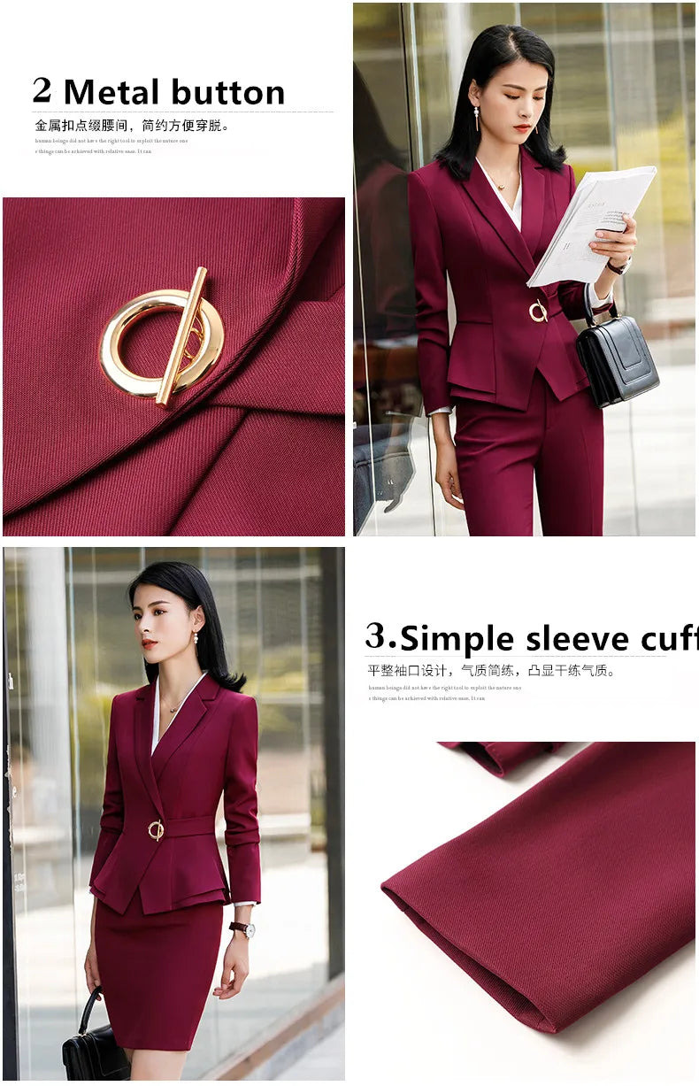 Winter Suit For Women Pant Sets Formal Long Sleeve Slim Blazer .