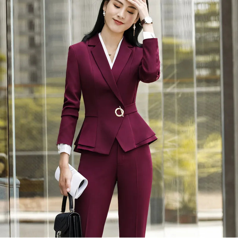 Winter Suit For Women Pant Sets Formal Long Sleeve Slim Blazer .