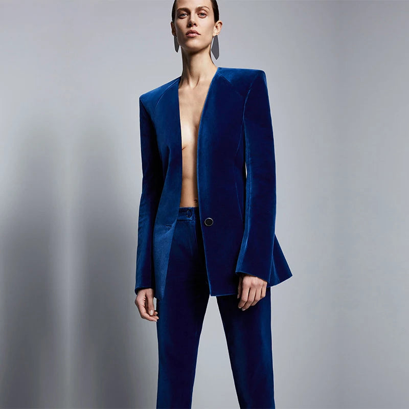 Fashion Royal Blue Velvet Women Formal Business Pant Suits Women .