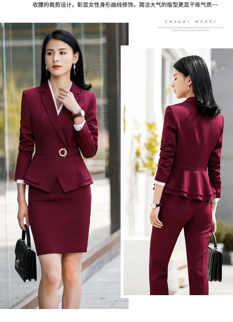 Winter Suit For Women Pant Sets Formal Long Sleeve Slim Blazer .
