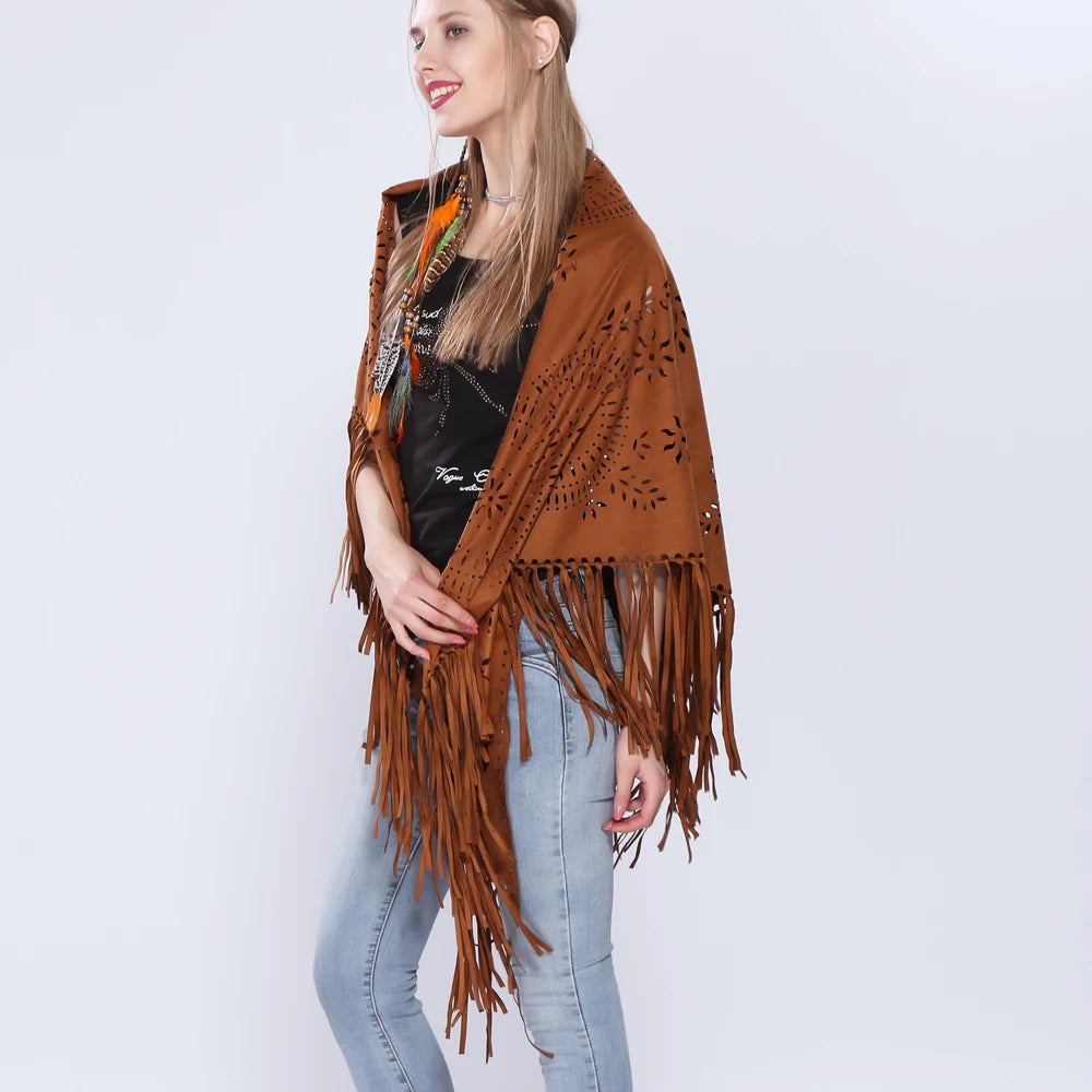 Women's Loose Suede Fringe Open Poncho Cloak Shawl .