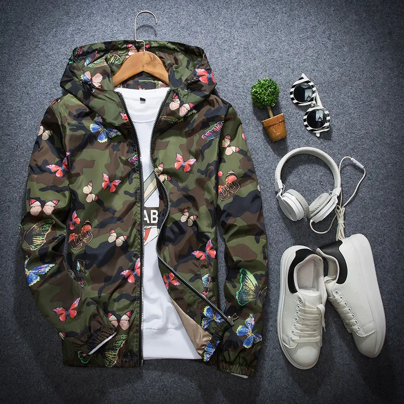 Mens Casual Camouflage Hooded Jacket Autumn Butterfly .