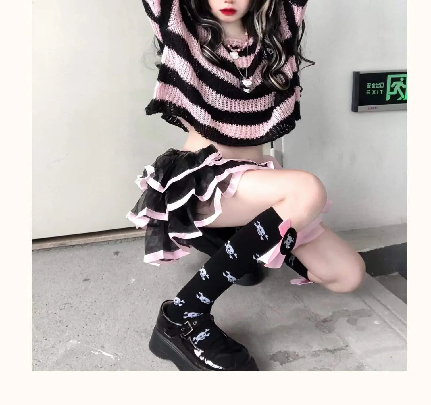 Karrram Pink Striped Gothic Sweaters Women Ripped Holes .