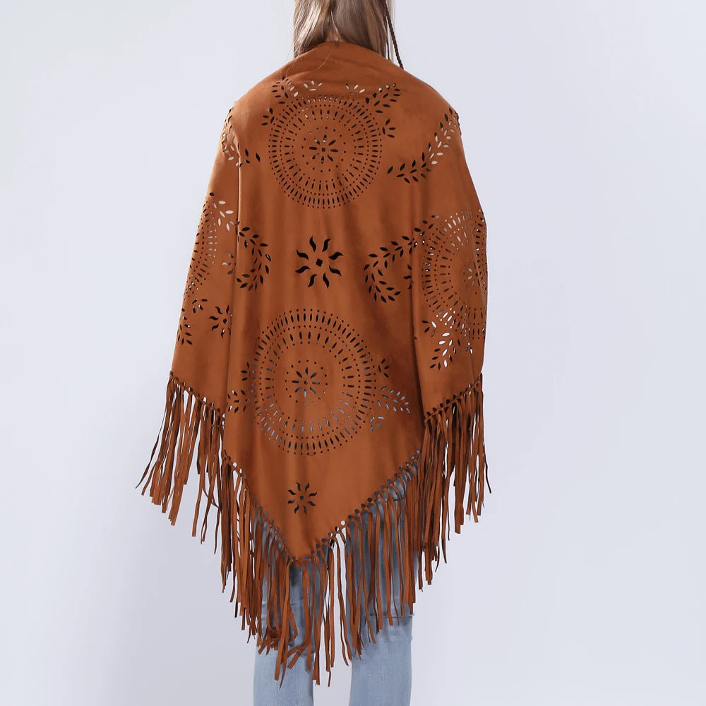 Women's Loose Suede Fringe Open Poncho Cloak Shawl .