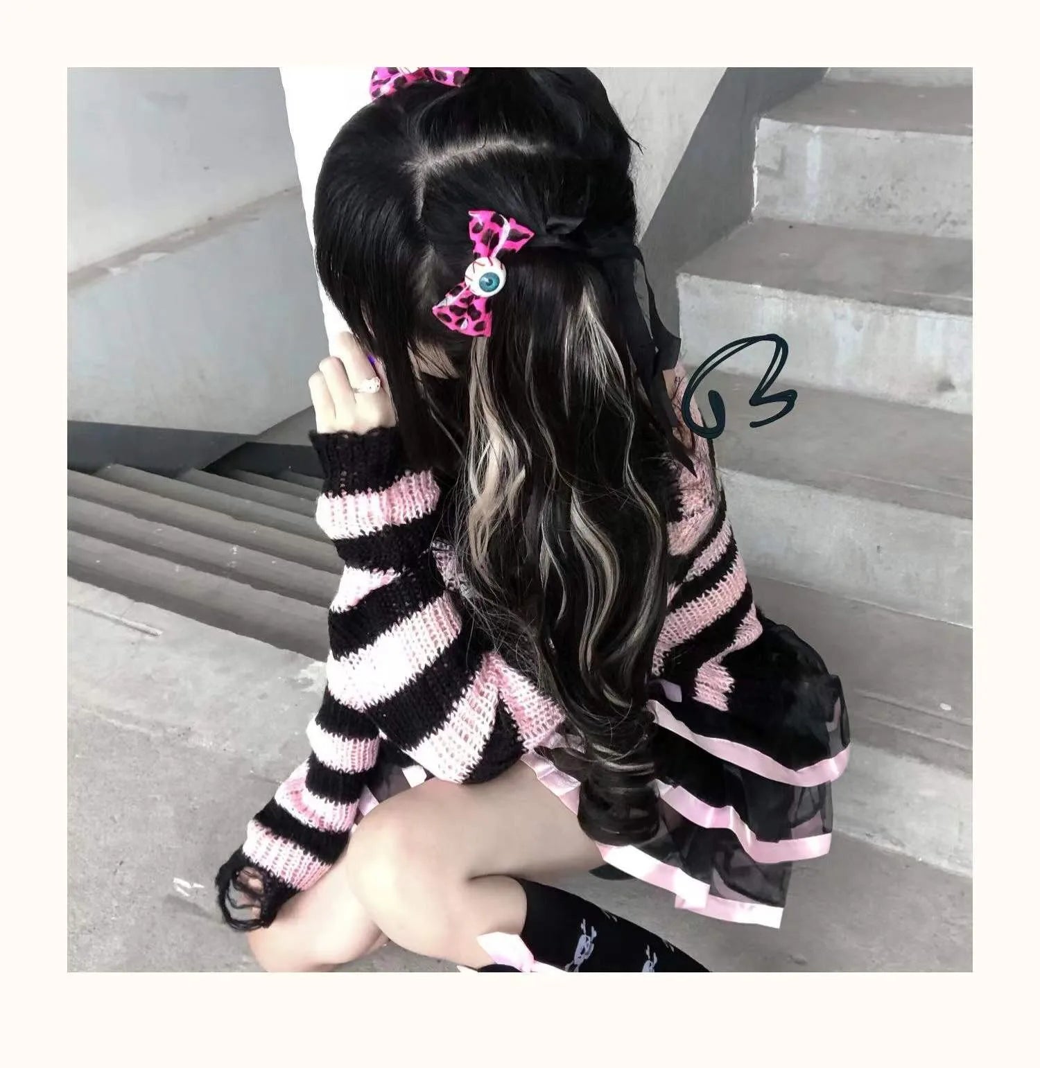 Karrram Pink Striped Gothic Sweaters Women Ripped Holes .