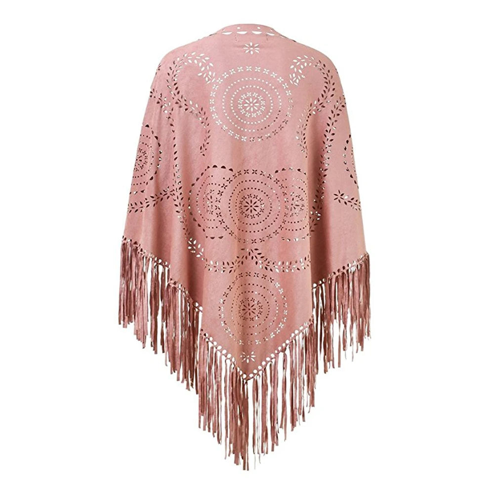 Women's Loose Suede Fringe Open Poncho Cloak Shawl .
