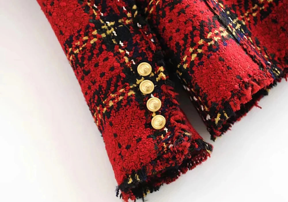 Tweed women red plaid blazers winter fashion women.