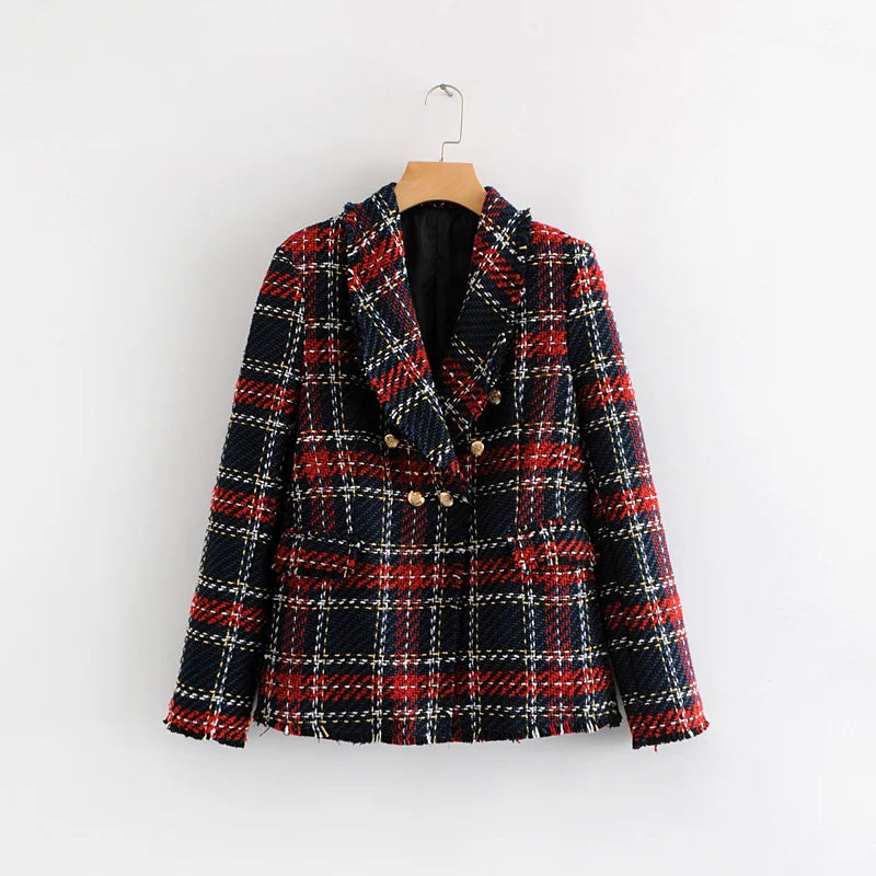 Tweed women red plaid blazers winter fashion women.