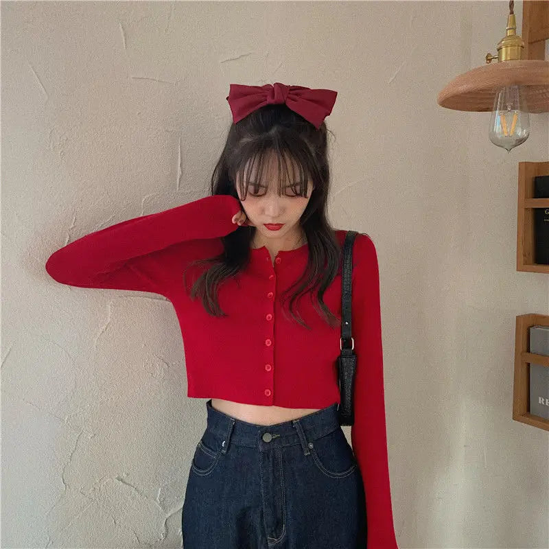Woman Sweaters Cardigan Red V-neck Knitted Cardigan Women's .