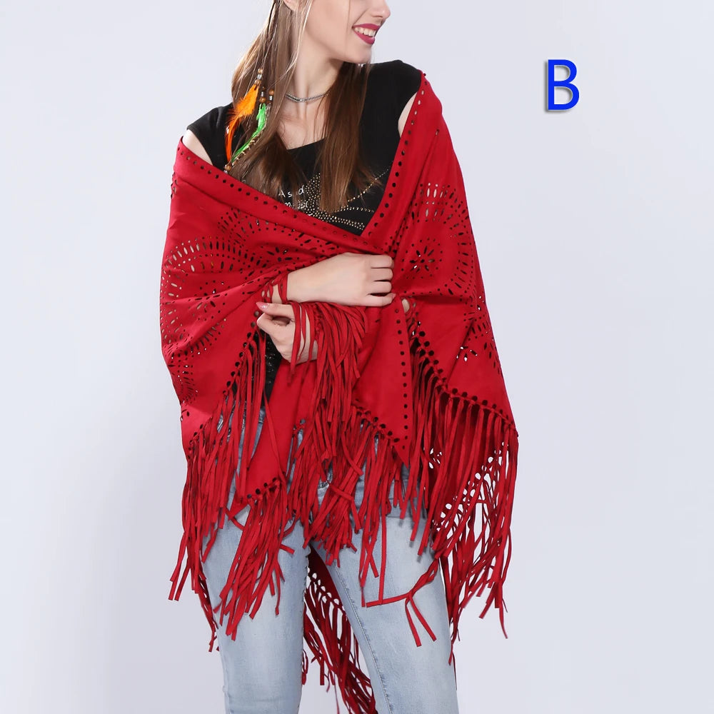 Women's Loose Suede Fringe Open Poncho Cloak Shawl .