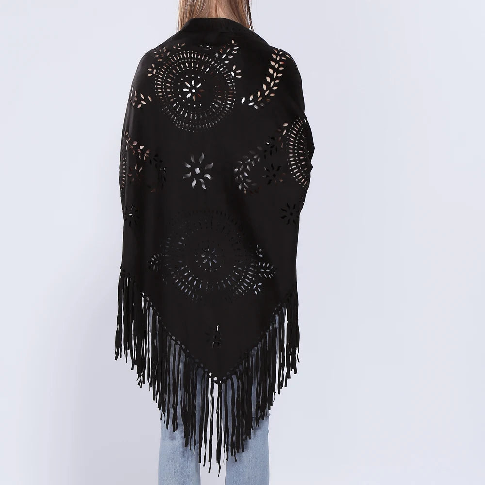 Women's Loose Suede Fringe Open Poncho Cloak Shawl .