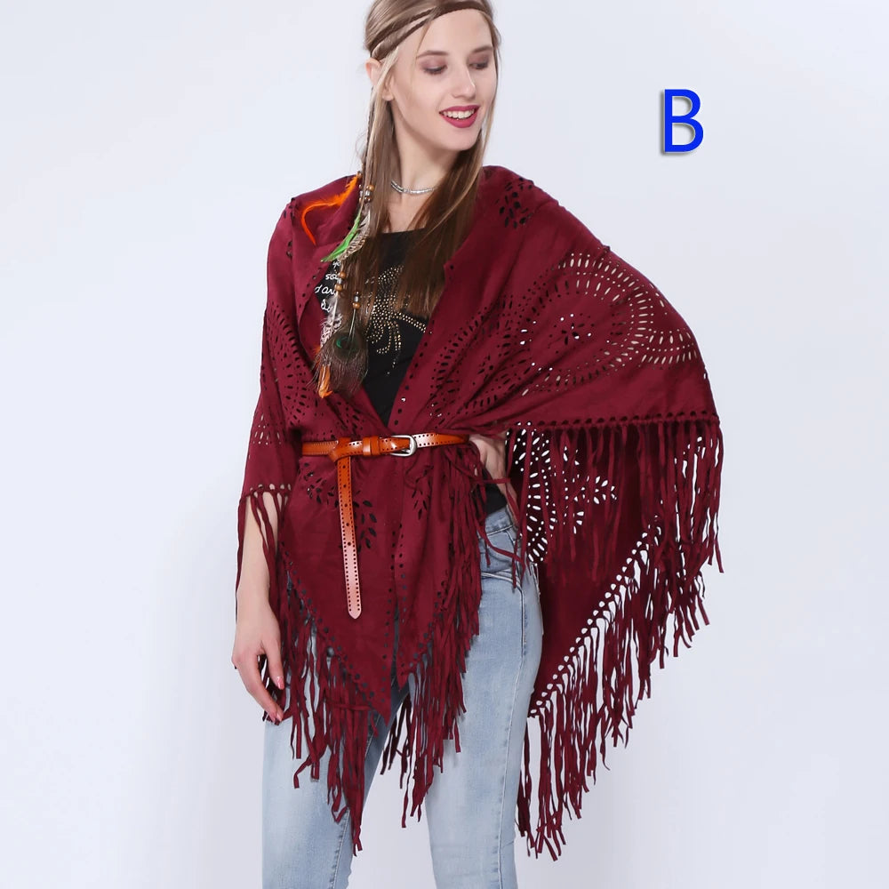 Women's Loose Suede Fringe Open Poncho Cloak Shawl .