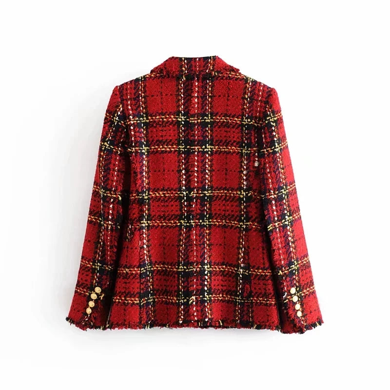 Tweed women red plaid blazers winter fashion women.