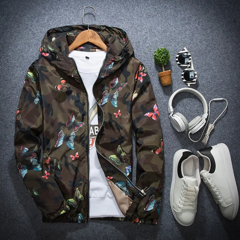 Mens Casual Camouflage Hooded Jacket Autumn Butterfly .