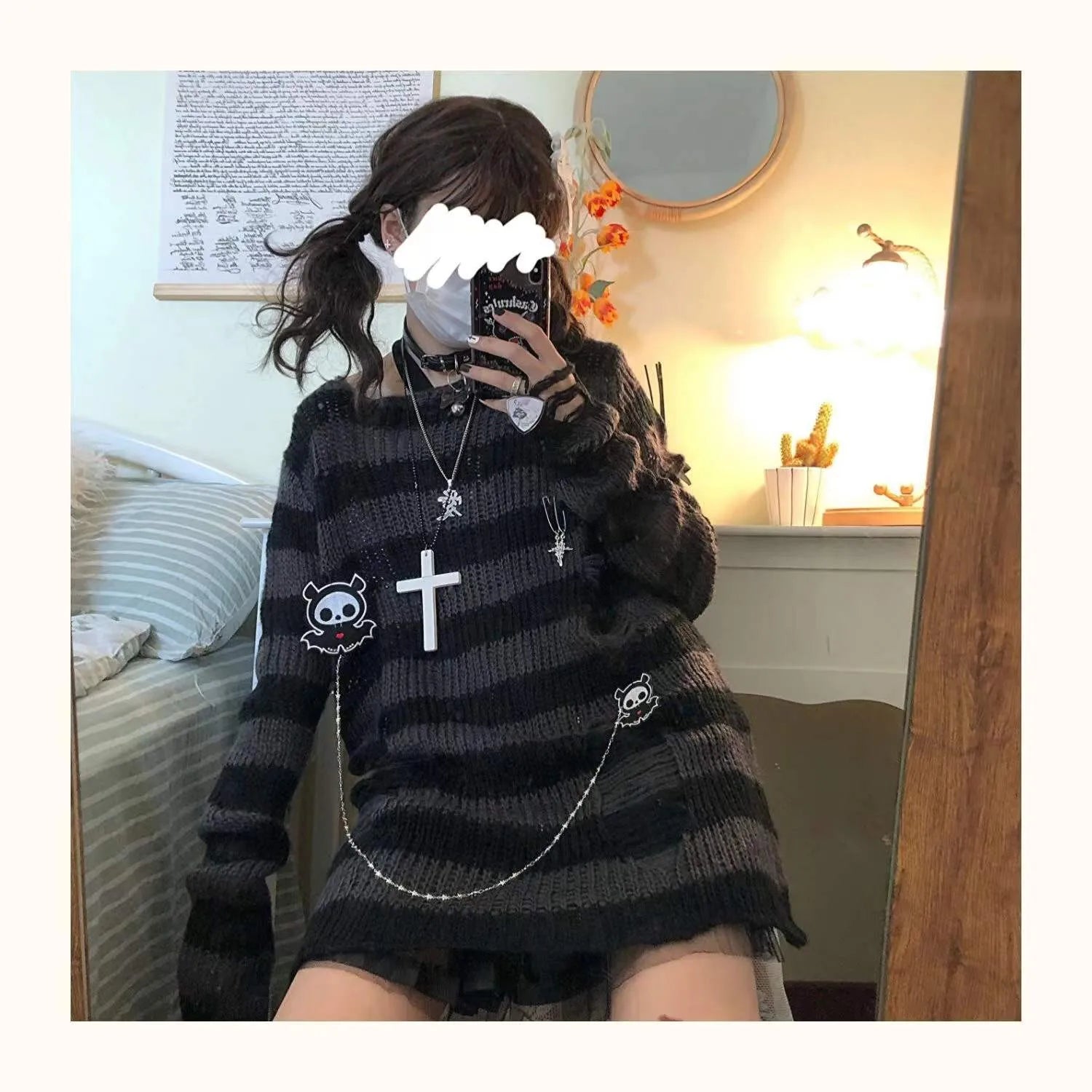 Karrram Pink Striped Gothic Sweaters Women Ripped Holes .