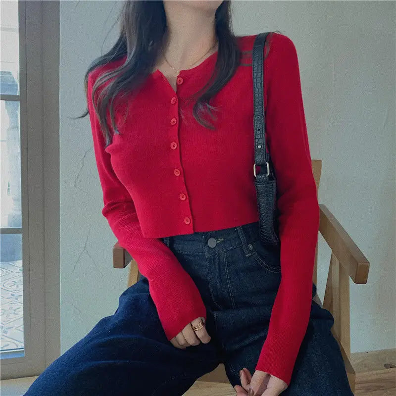 Woman Sweaters Cardigan Red V-neck Knitted Cardigan Women's .