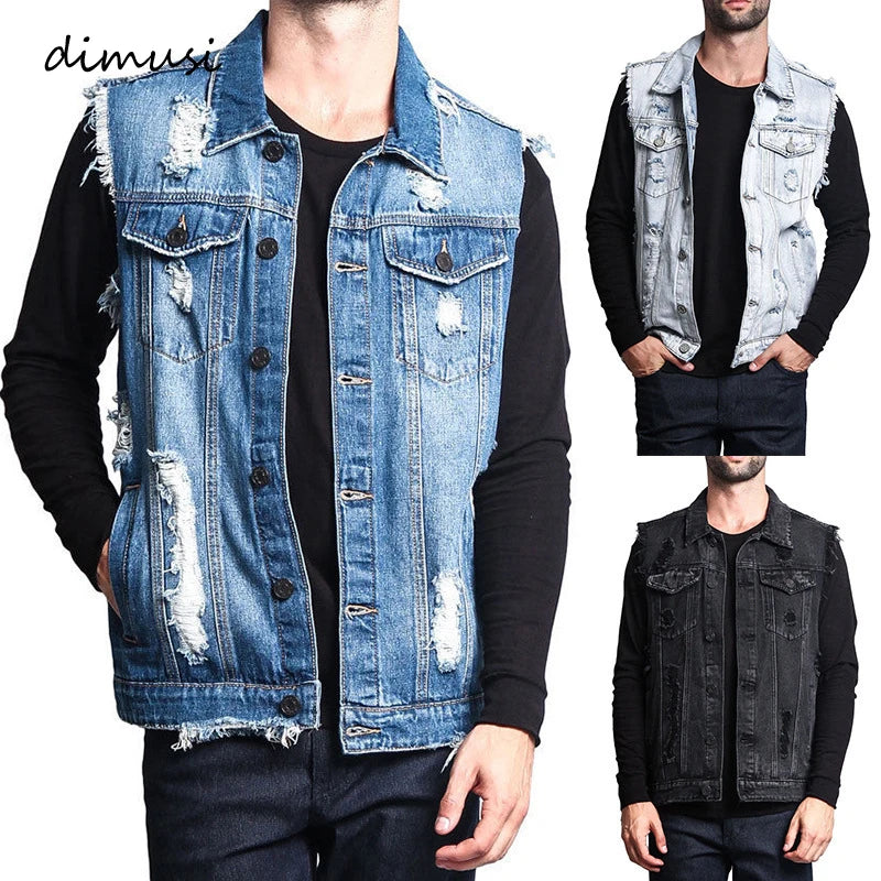 DIMUSI Summer Autumn Vintage Men's Denim Vest Male Design.