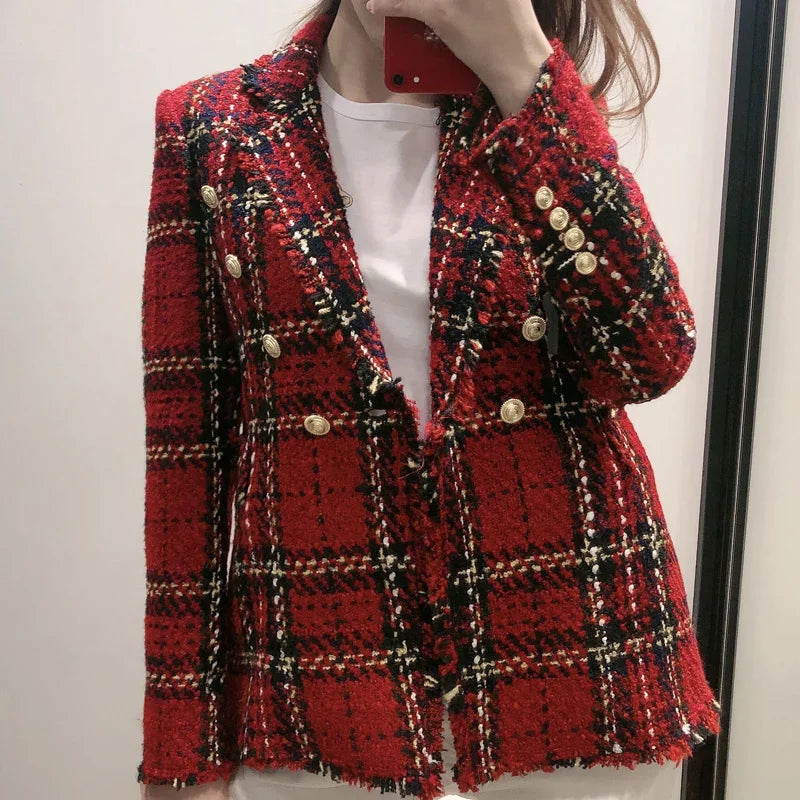 Tweed women red plaid blazers winter fashion women.