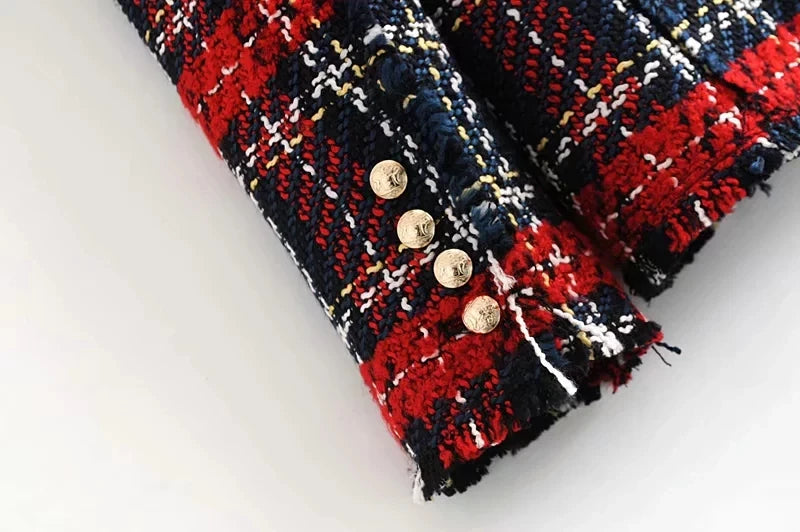 Tweed women red plaid blazers winter fashion women.