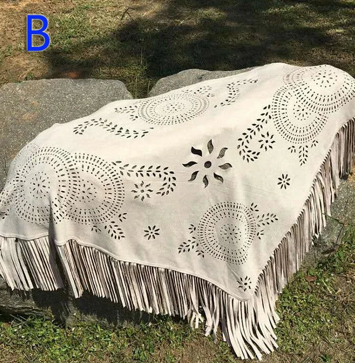 Women's Loose Suede Fringe Open Poncho Cloak Shawl .