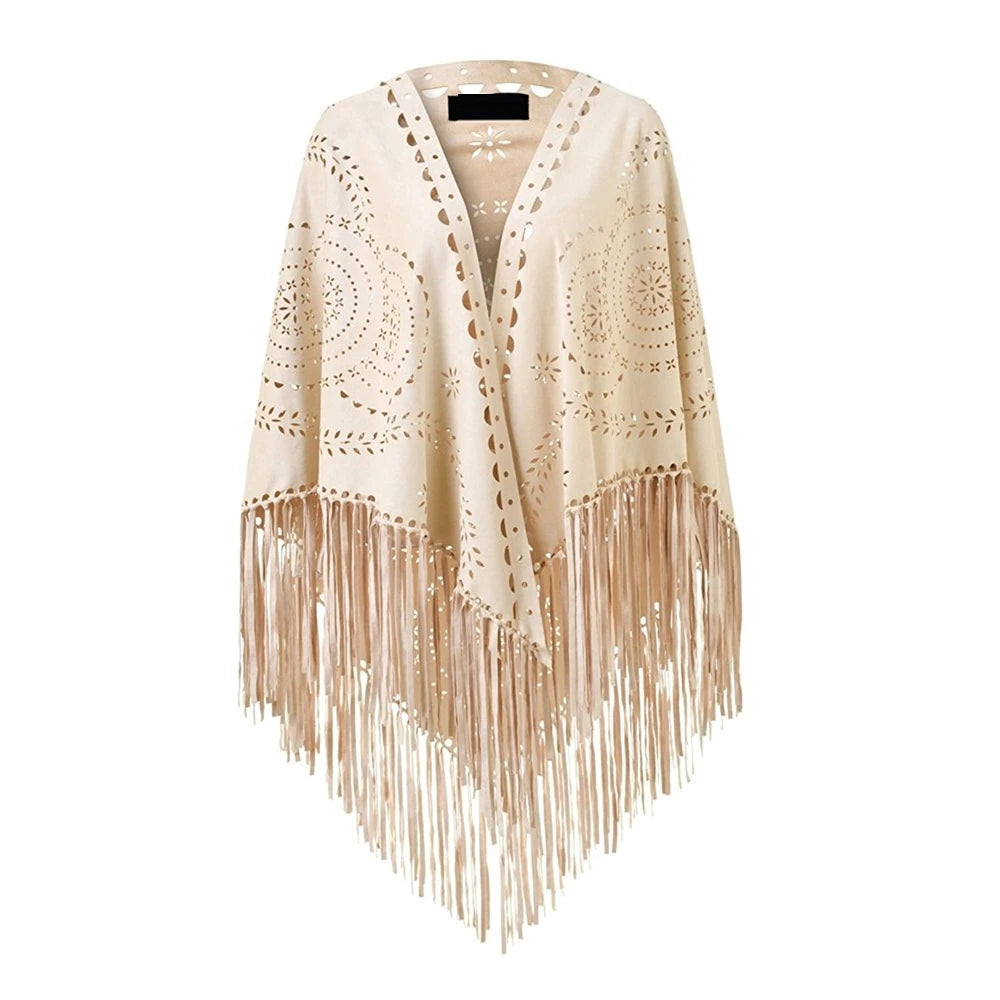 Women's Loose Suede Fringe Open Poncho Cloak Shawl .