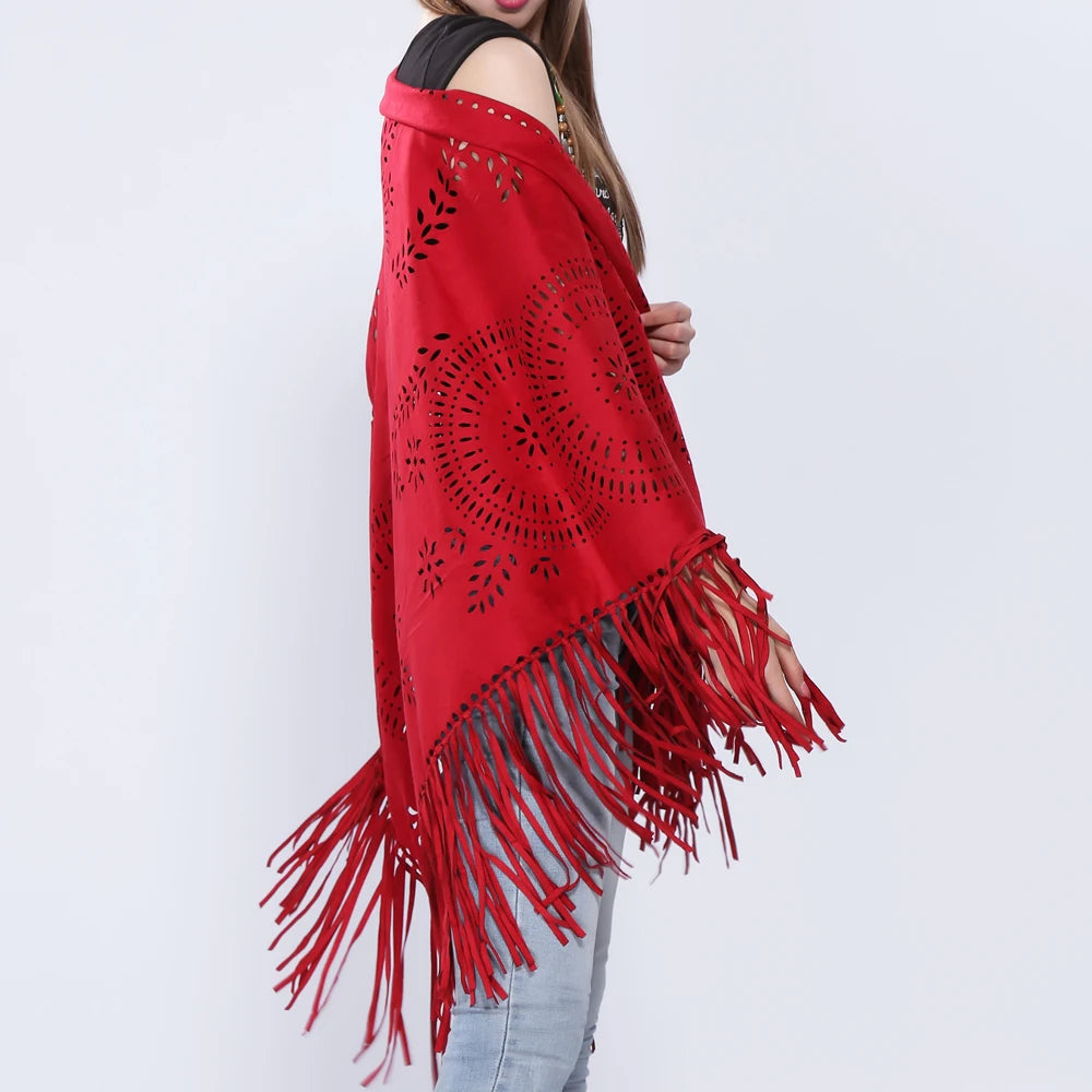 Women's Loose Suede Fringe Open Poncho Cloak Shawl .