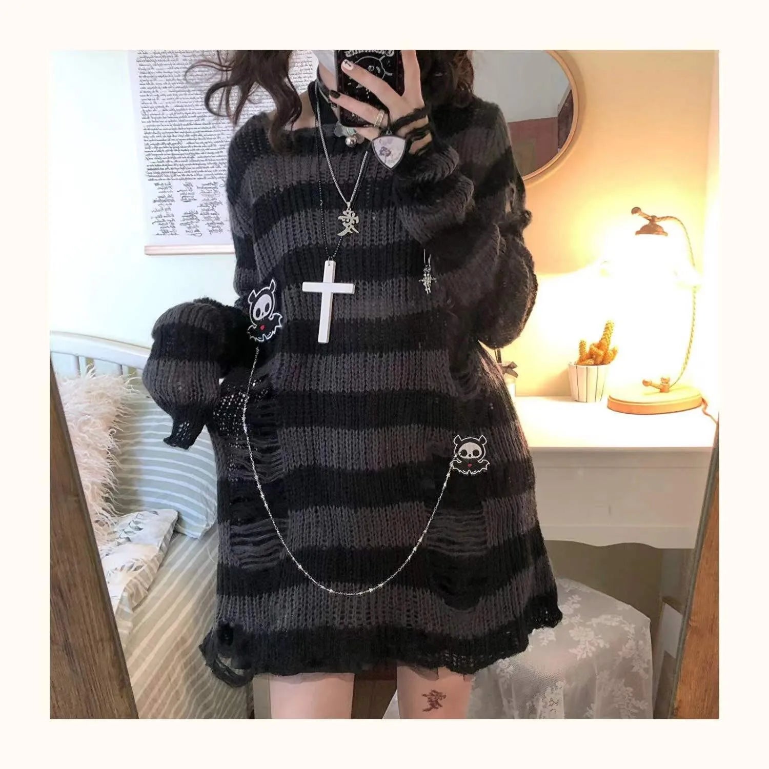 Karrram Pink Striped Gothic Sweaters Women Ripped Holes .