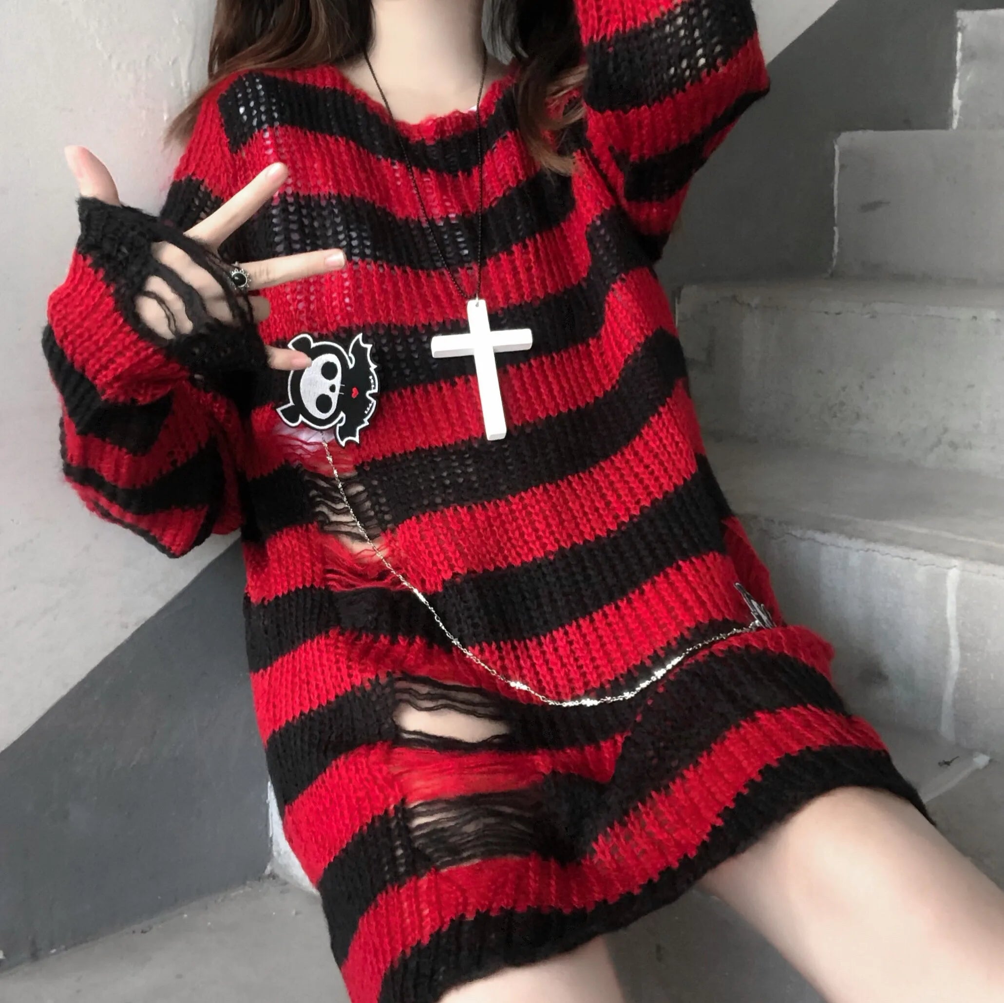 Karrram Pink Striped Gothic Sweaters Women Ripped Holes .