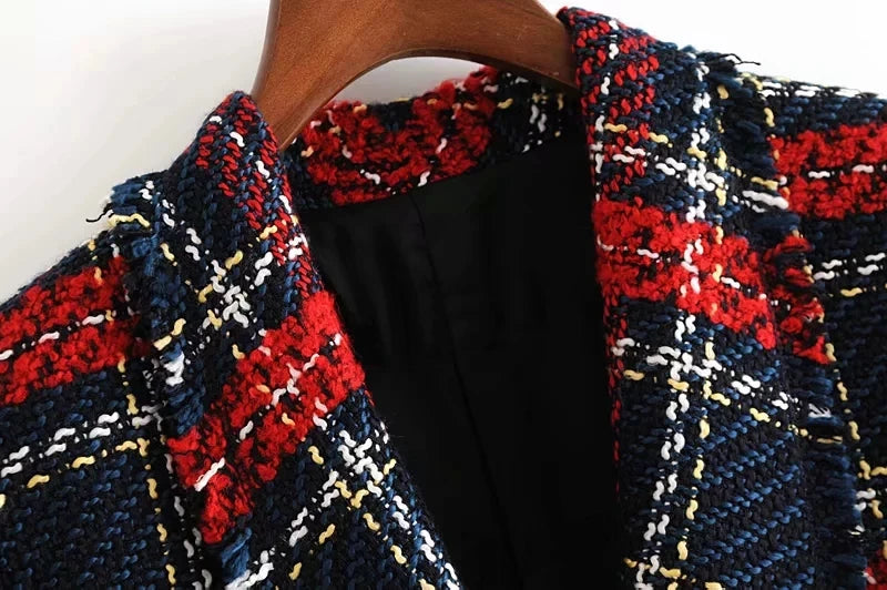 Tweed women red plaid blazers winter fashion women.