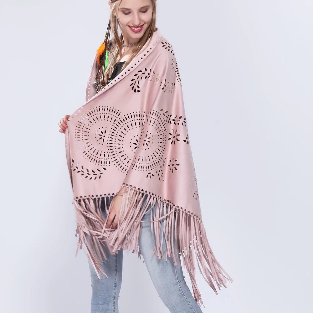 Women's Loose Suede Fringe Open Poncho Cloak Shawl .