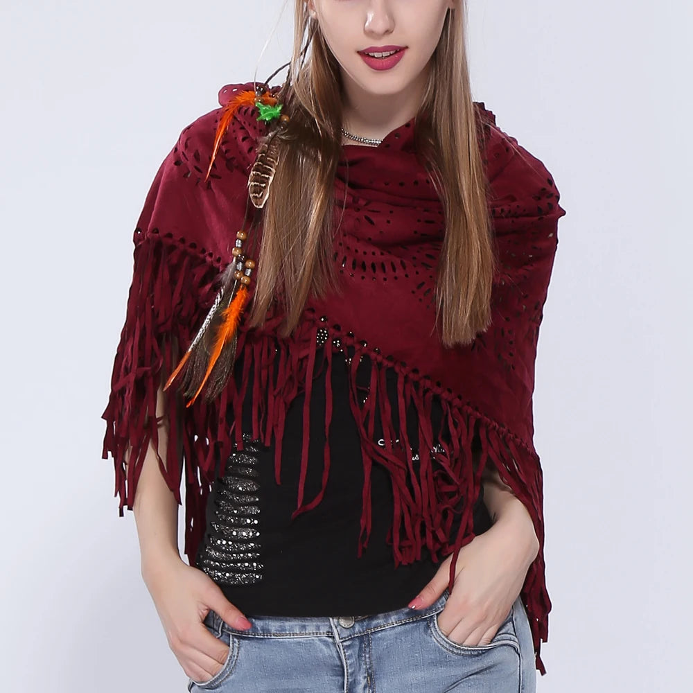 Women's Loose Suede Fringe Open Poncho Cloak Shawl .
