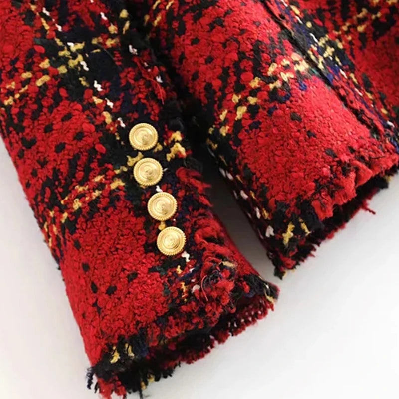 Tweed women red plaid blazers winter fashion women.