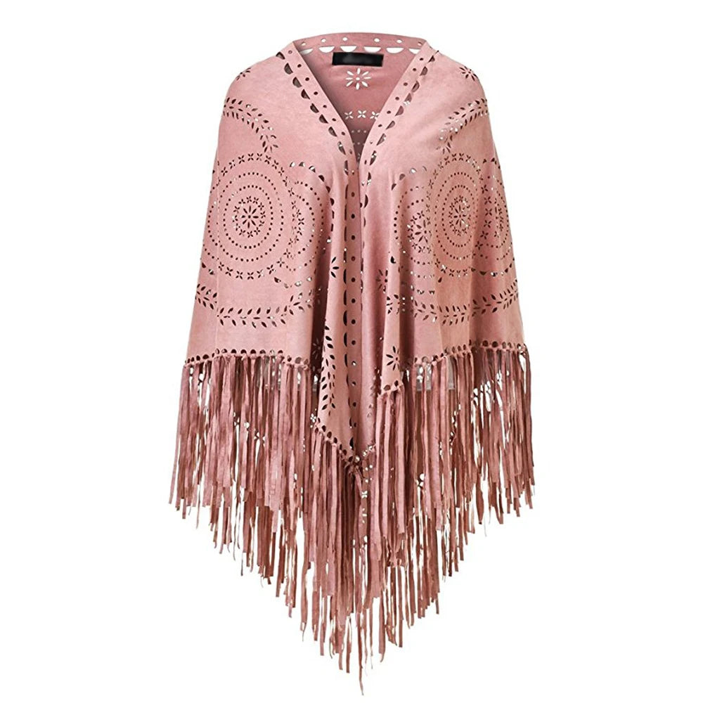 Women's Loose Suede Fringe Open Poncho Cloak Shawl .