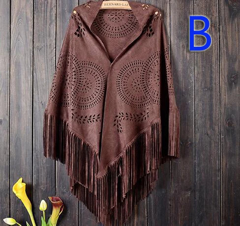 Women's Loose Suede Fringe Open Poncho Cloak Shawl .