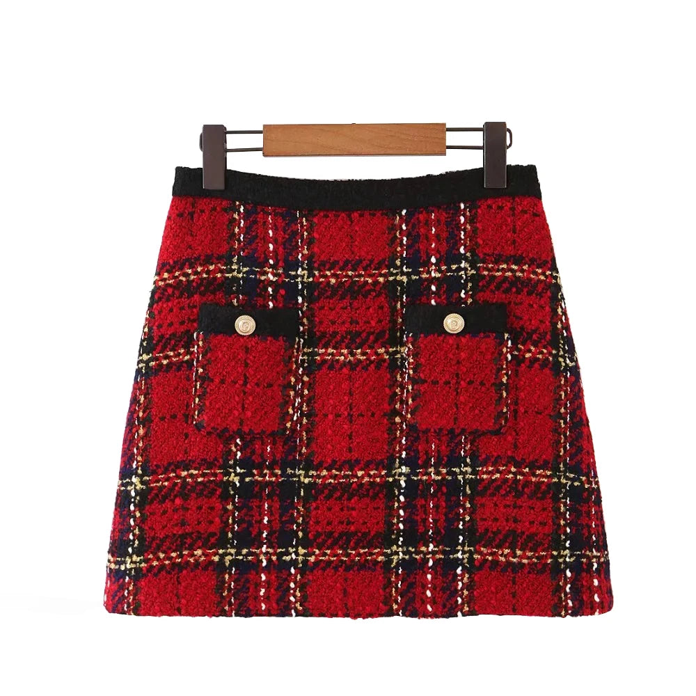 Tweed women red plaid blazers winter fashion women.