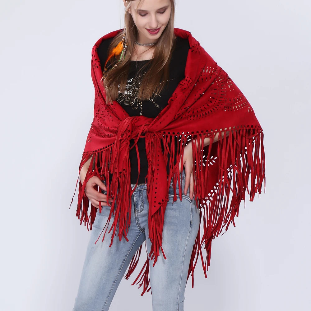 Women's Loose Suede Fringe Open Poncho Cloak Shawl .