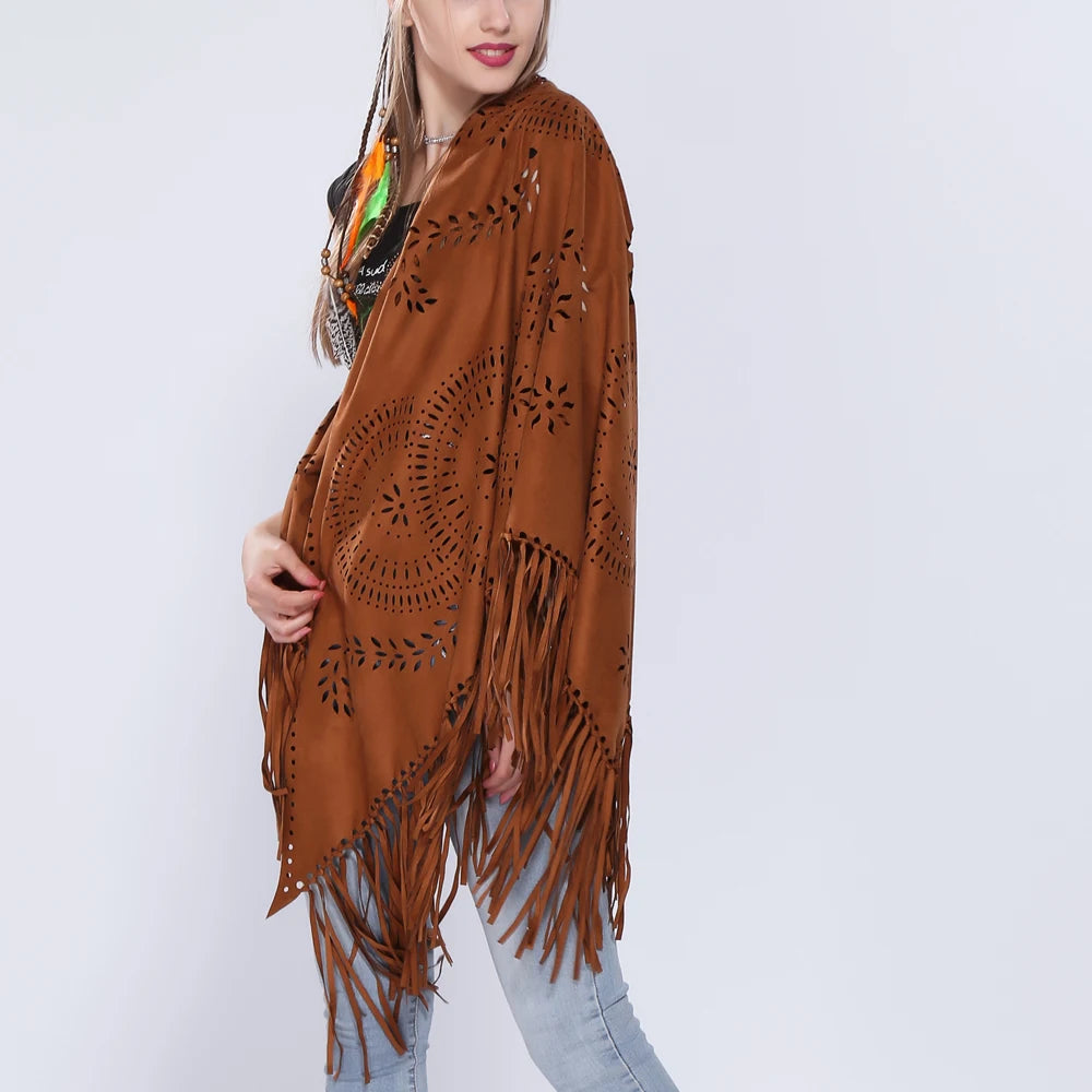 Women's Loose Suede Fringe Open Poncho Cloak Shawl .