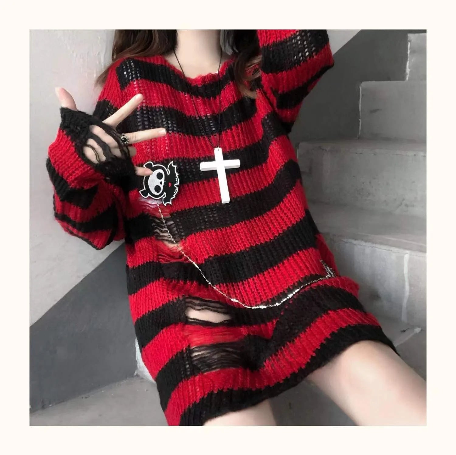 Karrram Pink Striped Gothic Sweaters Women Ripped Holes .