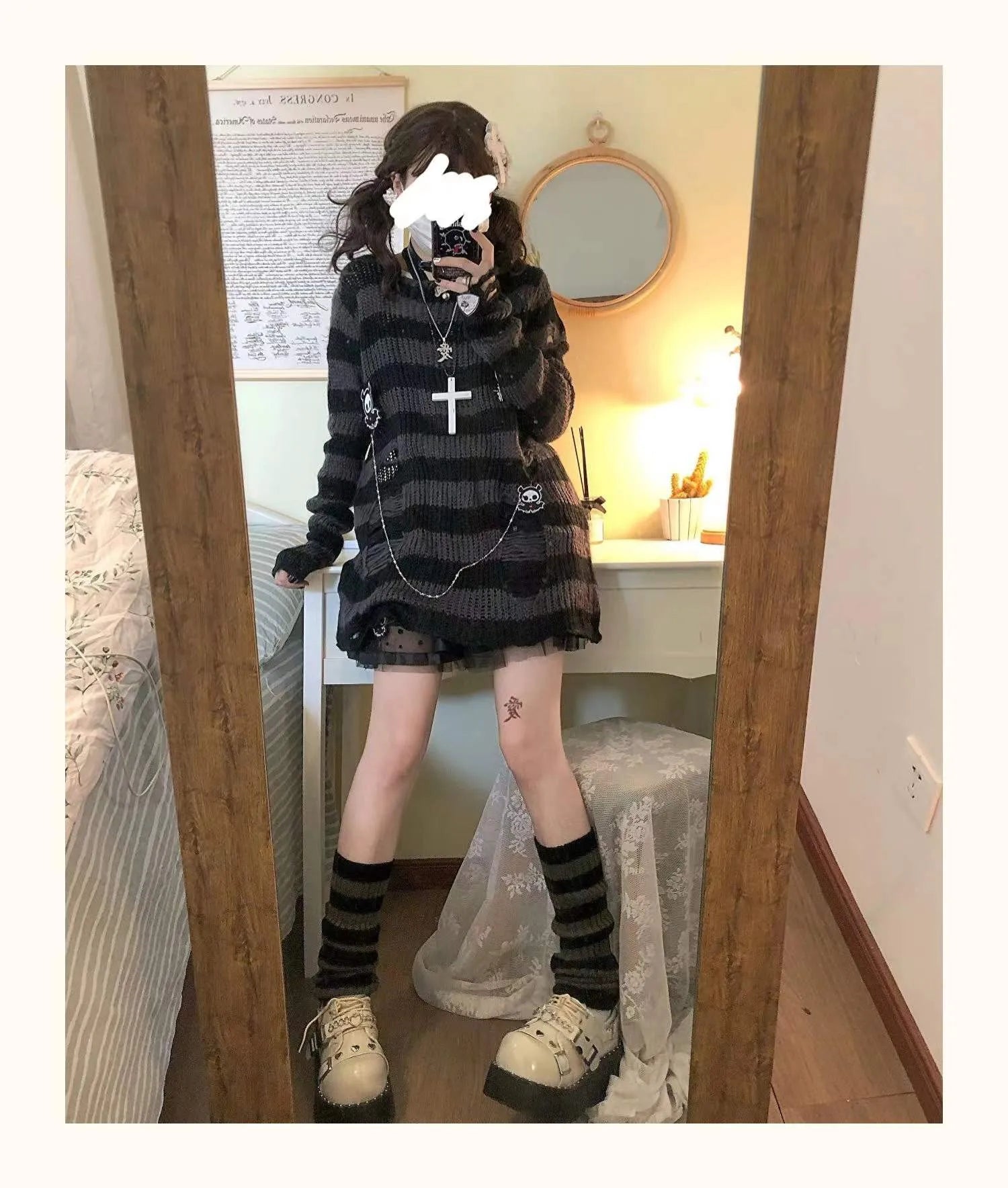 Karrram Pink Striped Gothic Sweaters Women Ripped Holes .