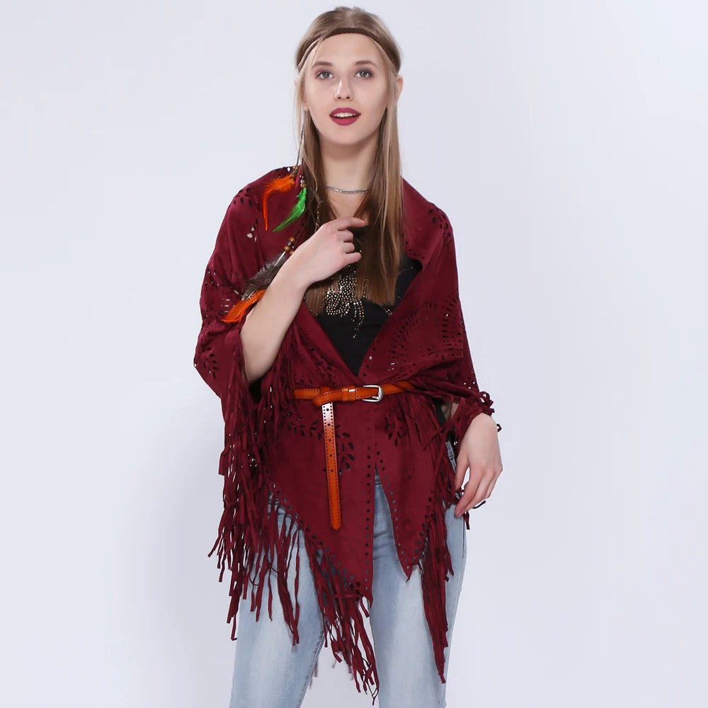 Women's Loose Suede Fringe Open Poncho Cloak Shawl .