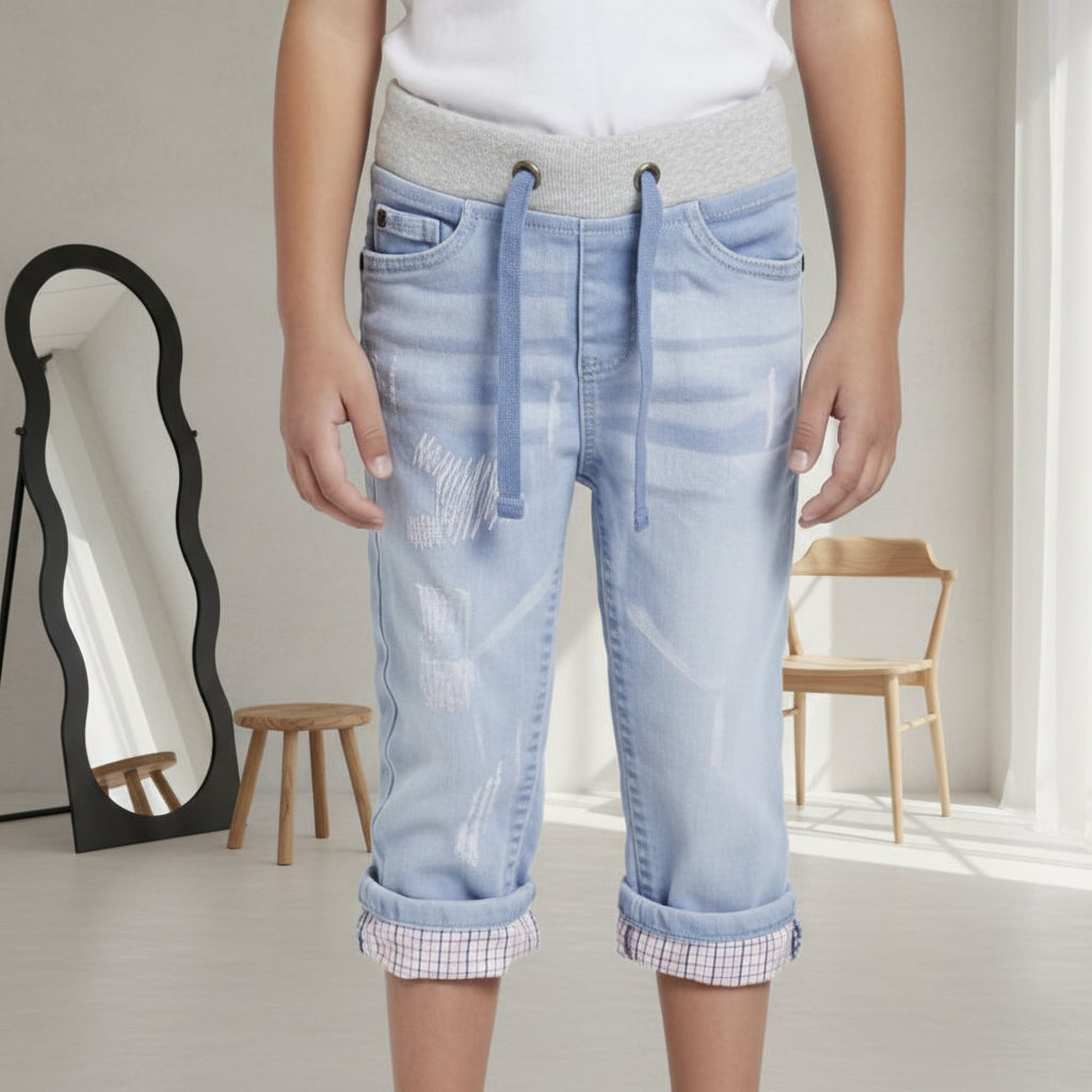 Kids' Rolled Cuffs and Striped Inner Lining Denim Jogger Jeans |Sizes 1-12Years I MH