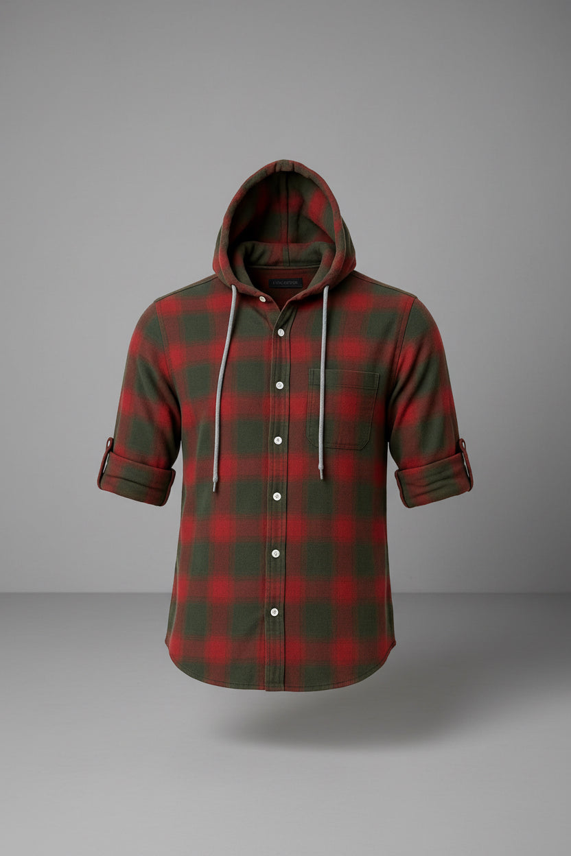Men’s Red & Olive Green Hooded Flannel Plaid Shacket | Grey Drawstring Roll-Up Sleeves | Sizes S–XXL | MH