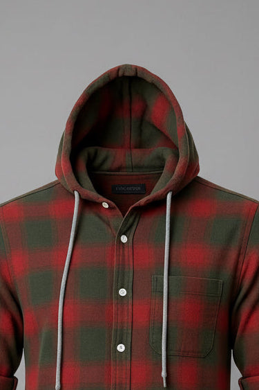 Men’s Red & Olive Green Hooded Flannel Plaid Shacket | Grey Drawstring Roll-Up Sleeves | Sizes S–XXL | MH