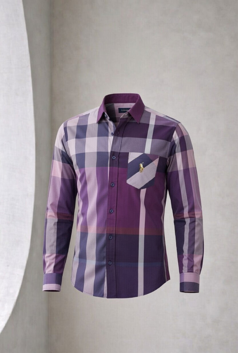 Men’s Elegant Purple Check Slim Fit Formal Shirt | Purple Navy Lavender Plaid | Embroidered Logo | Sizes S–XL | MH
