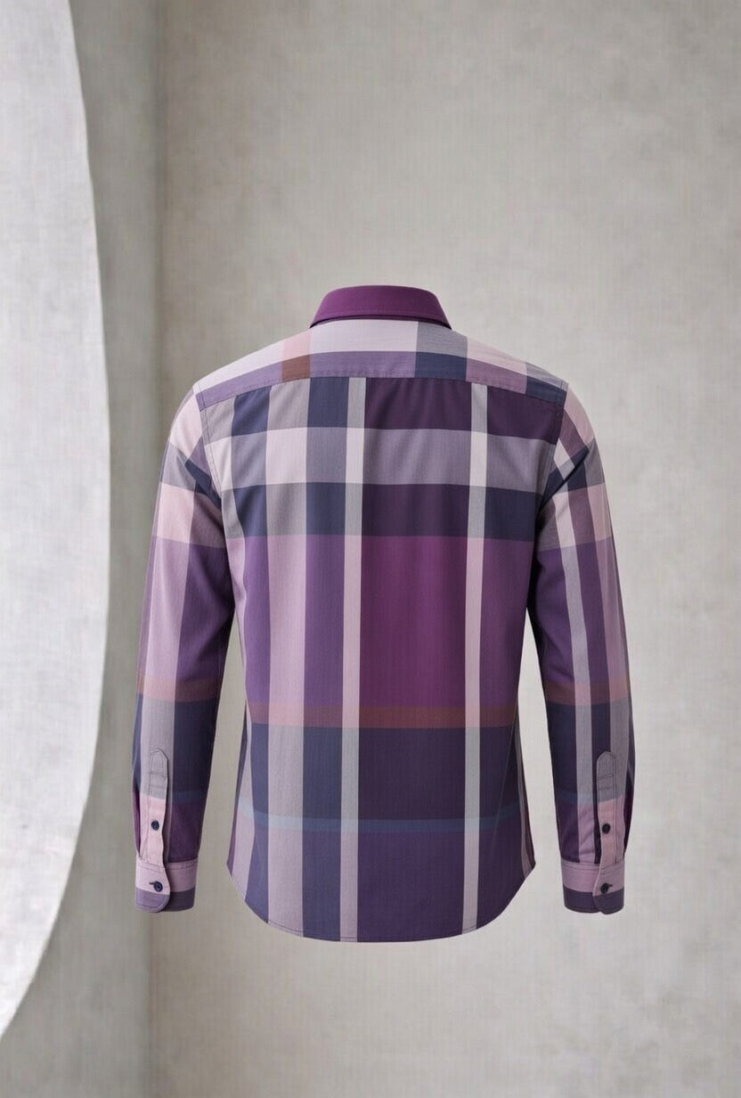 Men’s Elegant Purple Check Slim Fit Formal Shirt | Purple Navy Lavender Plaid | Embroidered Logo | Sizes S–XL | MH