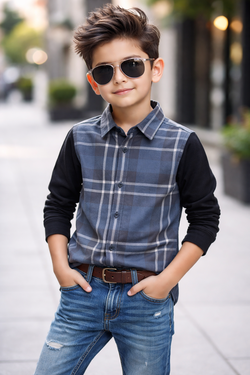Trendy Kids Cotton Long Sleeve Shirt – Check Pattern & Knit Sleeve Design (1-12yrs)MH