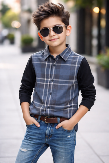 Trendy Kids Cotton Long Sleeve Shirt – Check Pattern & Knit Sleeve Design (1-12yrs)MH