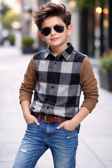 Trendy Kids Cotton Long Sleeve Shirt – Check Pattern & Knit Sleeve Design (1-12yrs)MH