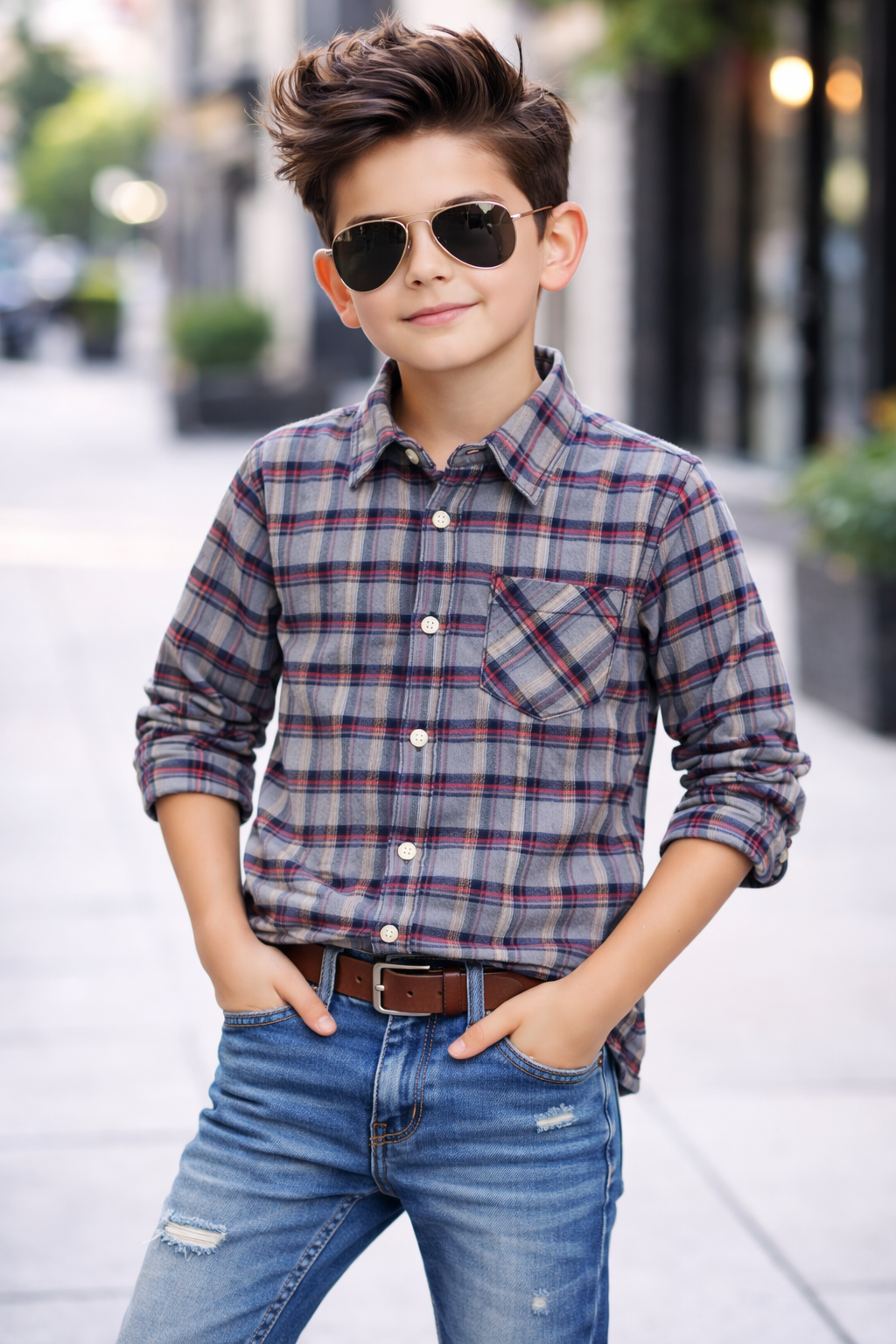 Classic Plaid Button-Up Shirt with Casual Denim Kids Outfit