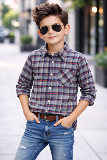 Classic Plaid Button-Up Shirt with Casual Denim Kids Outfit